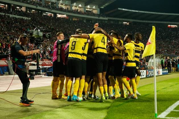 BELGRADE, SERBIA - OCTOBER 4: Filip Ugrinic of Young Boys celebrates his goal with teammates during the UEFA Champions League Group Stage Group G match between FK Crvena zvezda and Young Boys at Stadion Rajko Mitic on October 4, 2023 in Belgrade, Serbia. Belgrade Stadion Rajko Mitic Serbia Copyright: xJustPictures.ch NikolaxKrsticx jp-en-EuSpIm-_O9R9383 20231004