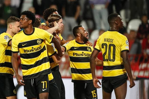 BELGRADE, SERBIA - OCTOBER 4: Cedric Itten of Young Boys (C) celebrates his goal with teammates during the UEFA Champions League Group Stage Group G match between FK Crvena zvezda and Young Boys at Stadion Rajko Mitic on October 4, 2023 in Belgrade, Serbia. Belgrade Stadion Rajko Mitic Serbia Copyright: xJustPictures.ch NikolaxKrsticx jp-en-EuSpIm-_G8I9516 20231004