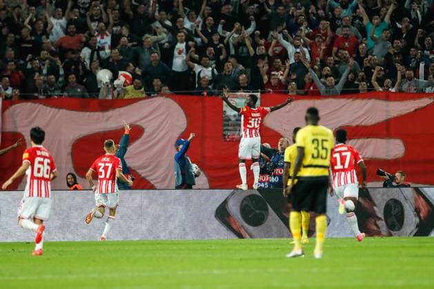 BELGRADE, SERBIA - OCTOBER 4: Osman Bukari of Crvena zvezda (C) celebrates his goal during the UEFA Champions League Group Stage Group G match between FK Crvena zvezda and Young Boys at Stadion Rajko Mitic on October 4, 2023 in Belgrade, Serbia. Belgrade Stadion Rajko Mitic Serbia Copyright: xJustPictures.ch NikolaxKrsticx jp-en-EuSpIm-_G8I9674 20231004