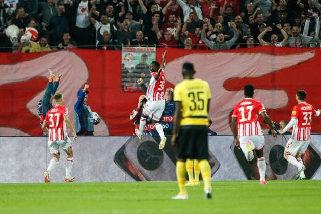 BELGRADE, SERBIA - OCTOBER 4: Osman Bukari of Crvena zvezda (C) celebrates his goal during the UEFA Champions League Group Stage Group G match between FK Crvena zvezda and Young Boys at Stadion Rajko Mitic on October 4, 2023 in Belgrade, Serbia. Belgrade Stadion Rajko Mitic Serbia Copyright: xJustPictures.ch NikolaxKrsticx jp-en-EuSpIm-_G8I9676 20231004