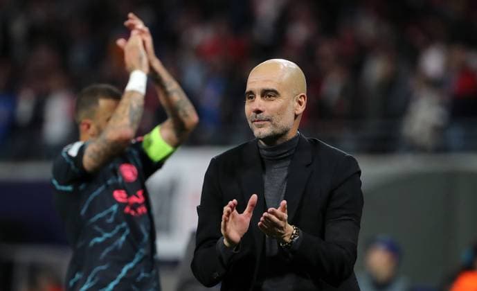 Trainer Pep Guardiola zufrieden nach Spielende zu den Fans klatschend Fußball Fussball UEFA Champions League UCL Herren 2.Spieltag Saison 2023 2024 04.10.2023 Rasen Ballsport RB Leipzig RBL vs Manchester City DFL regulations prohibit any use of photographs as image sequences and or quasi-video.