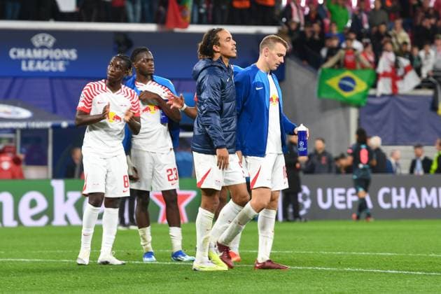 Fussball, Herren, Saison 2023 2024, UEFA Champions League (Gruppe G, 2. Spieltag), RB Leipzig - Manchester City, v. l. Amadou Haidara (RB Leipzig), Castello Lukeba (RB Leipzig), Yussuf Poulsen (RB Leipzig) und Lukas Klostermann (RB Leipzig), 04.10. 2023, Copyright: xSebastianxRäppold MatthiasxKochx