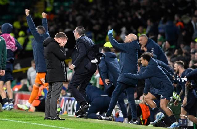 Glasgow, Scotland, 4th October 2023. Brendan Rodgers Celtic Manager with his head in his hands after Lazio scored an extra time winner during the UEFA Champions League match at Celtic Park, Glasgow. Picture credit should read: Neil Hanna Sportimage EDITORIAL USE ONLY. No use with unauthorised audio, video, data, fixture lists, club league logos or live services. Online in-match use limited to 120 images, no video emulation. No use in betting, games or single club league player publications. SPI-2620-0020
