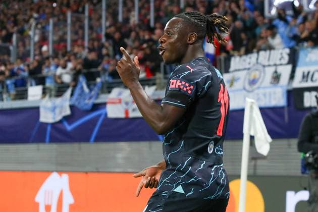 RB Leipzig - Manchester City Champions League Leipzig, 04.10.2023, Red Bull Arena, Fussball, Männer, Saison 2023 2024, UEFA Champions League, Gruppenphase, 2. Spieltag , RB Leipzig - Manchester City 1:3 (0:1) , Im Bild: Tor für Manchester, Torjubel nach dem 1:3, Torschütze Jeremy Doku (11, Manchester) ,