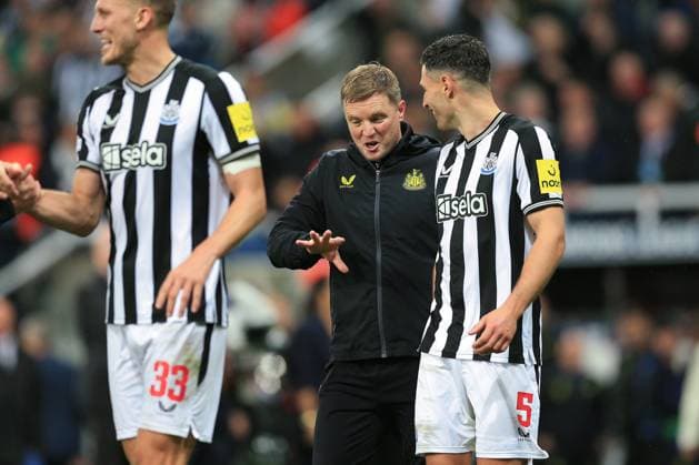 Newcastle United v Paris Saint-Germain 04 October 2023, Newcastle upon Tyne - UEFA Champion™s League football - Group F - Newcastle United v Paris Saint-Germain. Newcastle United manager Eddie Howe celebrates with Fabian Schar of Newcastle United (photo by Daniel Chesterton) Newcastle upon Tyne UK Copyright: xDanielxChestertonxOffside