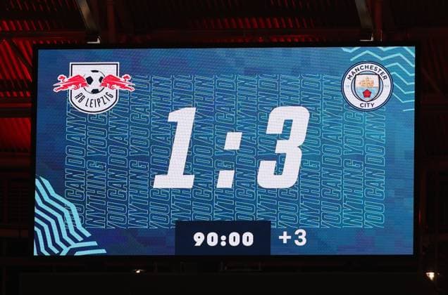 GER, UEFA Champions League, RB Leipzig vs Manchester City 04.10.2023, Leipzig, Red Bull Arena, GER, Saison 2023 2024, UEFA Champions League, Gruppe G, RasenBallsport Leipzig vs Manchester City im Bild Anzeigetafel, Endstand 1:3 DFL regulations prohibit any use of photographs as image sequences and or quasi-video