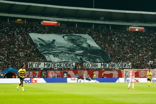 Fußball, CL, Roter Stern Belgrad - BSC Young Boys Bern BELGRADE, SERBIA - OCTOBER 4: Fans of Crvena zvezda fan art for Igor Milenkovic and Bojan Mijailovic during the UEFA Champions League Group Stage Group G match between FK Crvena zvezda and Young Boys at Stadion Rajko Mitic on October 4, 2023 in Belgrade, Serbia. Belgrade Stadion Rajko Mitic Serbia Copyright: xJustPictures.ch NikolaxKrsticx jp-en-EuSpIm-_O9R9348 20231004