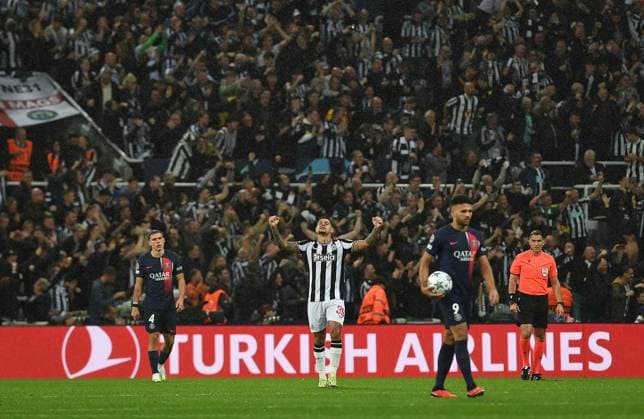 Bruno Guimaraes of Newcastle United celebrates the 3rd goal during the UEFA Champions League match between Newcastle United and Paris Saint Germain at St. James s Park, Newcastle, England on 4 October 2023. Copyright: xAndyxRowlandx PMI-5817-0035