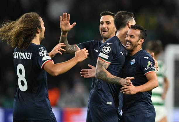 Celtic FC v SS Lazio: Group E - UEFA Champions League 2023 24 Matteo Guendouzi, Matias Vecino, Alessio Romagnoli and Pedro Rodríguez of SS Lazio celebrates 2nd goal during the UEFA Champions League match between Celtic FC and SS Lazio at Celtic Park Stadium on October 04, 2023 in Glasgow, Scotland. Glasgow Celtic Park Stadium Glasgow Scotland Copyright: xGreigxCowie Sportsphoto APLx 13956172