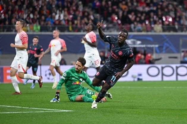 04.10.2023, Fussball, Champions League, 2. Spieltag, Saison 2023 2024, RB Leipzig - Manchester City, Jeremy Doku (Manchester City) freut sich über das Tor zum 3:1 für City. xRHR-FOTO TKx Copyright: RHR-FOTOx RHR-FOTO TK