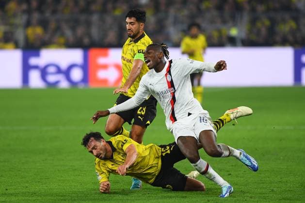 DORTMUND, GERMANY - 04.10.23: Rafael Leao, Emre Can, Mats Hummels. The match of match UEFA Champion League Borussia Dortmund vs AC Milan at SIGNAL IDUNA PARK  Copyright: xVITALIIxKLIUIEVx