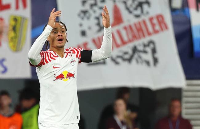 GER, UEFA Champions League, RB Leipzig vs Manchester City 04.10.2023, Leipzig, Red Bull Arena, GER, Saison 2023 2024, UEFA Champions League, Gruppe G, RasenBallsport Leipzig vs Manchester City im Bild Xavi Simons (Leipzig) enttaeuscht DFL regulations prohibit any use of photographs as image sequences and or quasi-video