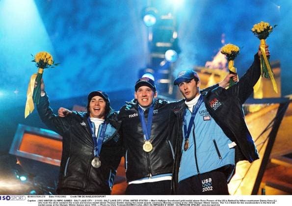 2002 WINTER Olympic Games, Olympische Spiele, Olympia, OS : 2002 WINTER OLYMPIC GAMES : SALT LAKE CITY 2 11 02, SALT LAKE CITY, UTAH, UNITED STATES --- Man s Halfpipe Snowboard gold medal winner Ross Powers of the US is flanked by fellow countrymen Danny Kass (L), who took the silver medal in the event and bronze medal winner Thomas Golden during the medal awards ceremony Monday evening at the 2002 Olympic Winter games, Winterspiele,Spiele, Summer games The 1-2-3 finish for the snowboarders is the first US medal sweep at the Olympic Winter Games since 1956. --- Photo by Chris Trotman DUOMO Corbis JEUX OLYMPIQUES D HIVER OLYMPISCHE SPELEN www.iso be Ogden United States ETATS UNIS VERENIGDE STATEN  Copyright: xTIMxDExWAELEx 54840