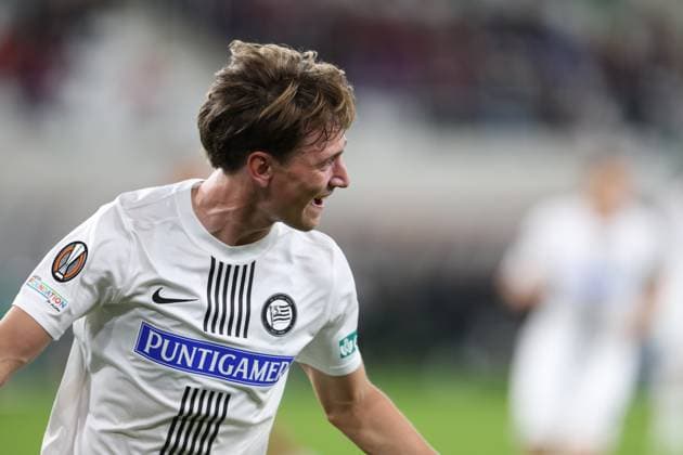 SOCCER - UEFA EL, Czestochowa vs Sturm SOSNOWIEC,POLAND,05.OCT.23 - SOCCER - UEFA Europa League, group stage, Rakow Czestochowa vs SK Sturm Graz. Image shows the rejoicing of William Boeving (Sturm).  GEPAxpictures xChrisxBauer