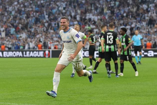 Marseille, France, 5th October 2023. Jordan Veretout of Olympique de Marseille celebrates after scoring to give the side a 2-0 lead during the UEFA Europa League match at the Stade de Marseille, Marseille. Picture credit should read: Jonathan Moscrop Sportimage EDITORIAL USE ONLY. No use with unauthorised audio, video, data, fixture lists, club league logos or live services. Online in-match use limited to 120 images, no video emulation. No use in betting, games or single club league player publications. SPI-2618-0015