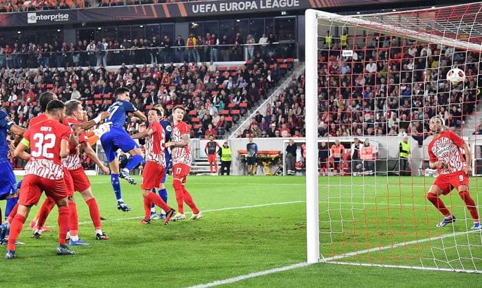 05.10.2023, xhbx, Fussball UEFA Europa League, SC Freiburg - West Ham United emspor, v.l. Goal scored, Tor zum 1:2 durch Nayef Aguerd (West Ham United) (DFL DFB REGULATIONS PROHIBIT ANY USE OF PHOTOGRAPHS as IMAGE SEQUENCES and or QUASI-VIDEO) Freiburg