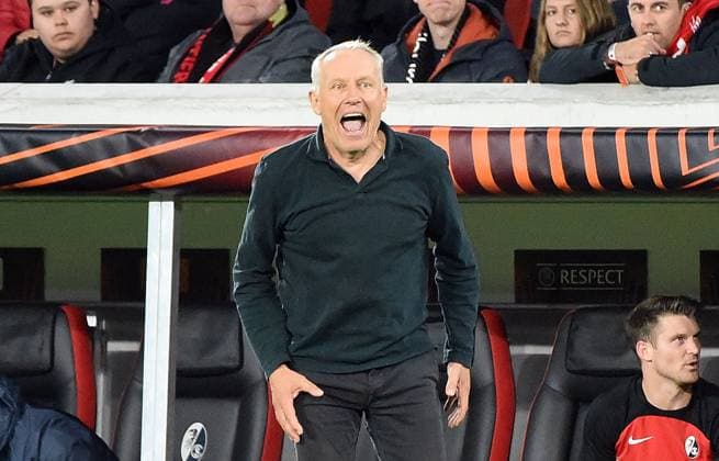 05.10.2023, xhbx, Fussball UEFA Europa League, SC Freiburg - West Ham United emspor, v.l. Trainer Christian Streich (SC Freiburg) (DFL DFB REGULATIONS PROHIBIT ANY USE OF PHOTOGRAPHS as IMAGE SEQUENCES and or QUASI-VIDEO) Freiburg
