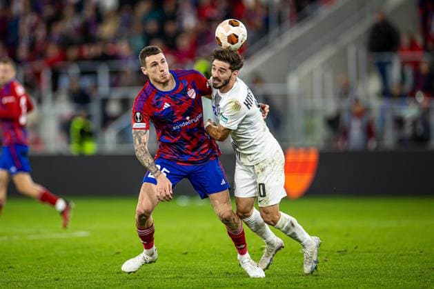 05.10.2023 SOSNOWIEC, ArcelorMittal Park, Zaglebiowski park sportowy, PILKA NOZNA (FOOTBALL), LIGA EUROPY UEFA, UEFA EUROPA LEAGUE , MECZ RAKOW CZESTOCHOWA - STURM GRAZ NZ OTAR KITEISHVILI BOGDAN RACOVITAN FOTO LUKASZ SKWIOT CYFRASPORT NEWSPIX.PL --- Newspix.pl  20231005CSLS059