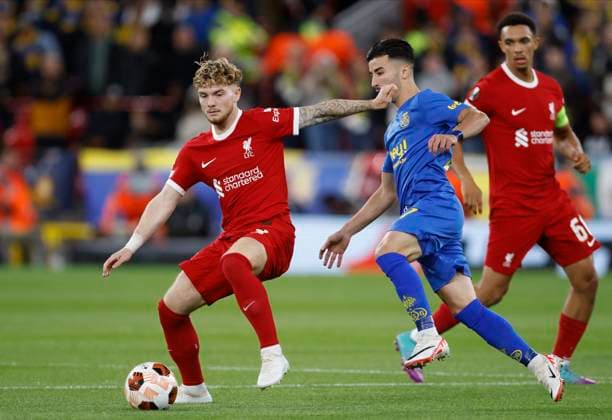 Liverpool FC v R. Union Saint-Gilloise: Group E - UEFA Europa League 2023 24 Harvey Elliott of Liverpool and Mohammed Amoura of R. Union Saint-Gilloise in action during the UEFA Europa League match between Liverpool FC and R. Union Saint-Gilloise at Anfield on October 5, 2023 in Liverpool, England. Liverpool Anfield England United Kingdom Copyright: xRichardxSellers Sportsphoto APLx 13956215