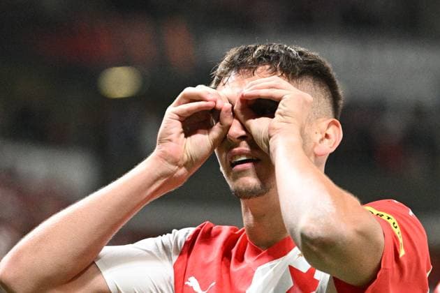 Sport Bilder des Tages Soccer player of Slavia Praha Mojmir Chytil celebrates goal during the Football Europe League 2nd round match, group G match Slavia Praha vs Sheriff Tiraspol in Prague, Czech Republic, October 5, 2023. (CTKxPhoto MichalxKamaryt) CTKPhotoP2023100509360  CTKPhotoP2023100509360