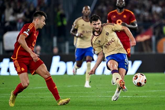 Stephan El Shaarawy of AS Roma and Gael Ondoua of Servette FC during the Europa League Group G football match between AS Roma and Servette FC at Olimpico stadium in Rome (Italy), October 5th, 2023. andreaxstaccioli