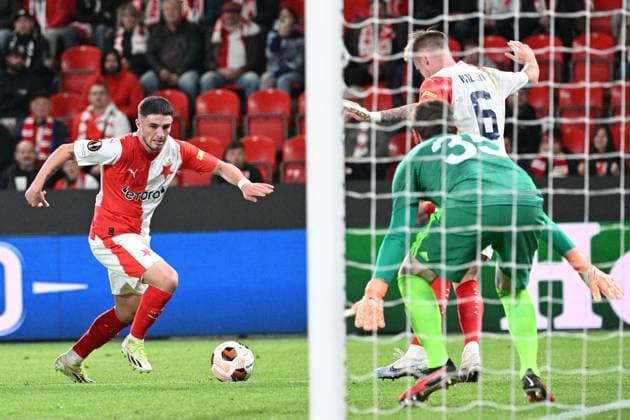 From left soccer players Christos Zafeiris, Conrad Wallem of Slavia Praha and Maksym Koval of Tiraspol in action during the Football Europe League 2nd round match, group G match Slavia Praha vs Sheriff Tiraspol in Prague, Czech Republic, October 5, 2023. (CTKxPhoto MichalxKamaryt) CTKPhotoP2023100509617  CTKPhotoP2023100509617