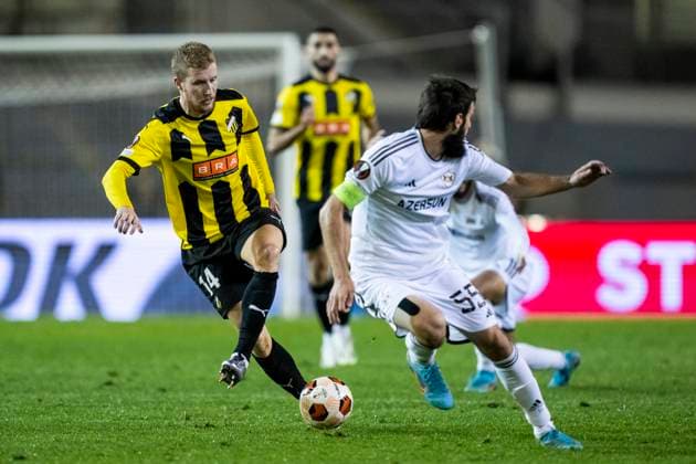 231005 Simon Gustafson of Häcken during the UEFA Europa League football match between Häcken and Qarabag on October 5, 2023 in Gothenburg. Photo: Mathias Bergeld BILDBYRAN kod MB MB0740 fotboll football soccer fotball uefa europa league häcken qarabag bbeng Copyright: MATHIASxBERGELD BB231005MB043