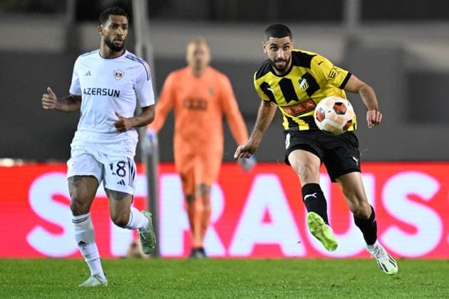 Häcken s Aiham Ousou and QarabaÄü s Juninho during Thursday s football match in the Europa League between BK Häcken and QarabaÄü FK at Ullevi in Gothenburg, Sweden. October 5, 2023. Göteborg Sweden x9200x