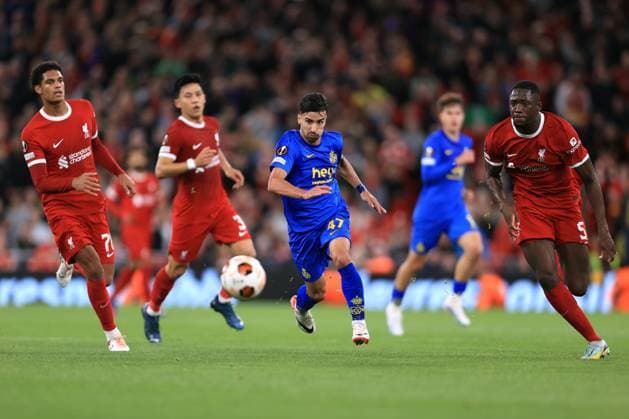 Football - UEFA Europa League - Group E - Liverpool v Union Saint-Gilloise 5th October 2023 - UEFA Europa League - Group E - Liverpool v Union Saint-Gilloise - Mohamed Amoura of Union SG - Photo: Simon Stacpoole Offside. Liverpool UK Copyright: xSimonxStacpoolexOffside