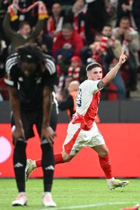 Soccer player of Slavia Praha Christos Zafeiris celebrates third goal during the Football Europe League 2nd round match, group G match Slavia Praha vs Sheriff Tiraspol in Prague, Czech Republic, October 5, 2023. (CTKxPhoto MichalxKamaryt) CTKPhotoP2023100509810  CTKPhotoP2023100509810