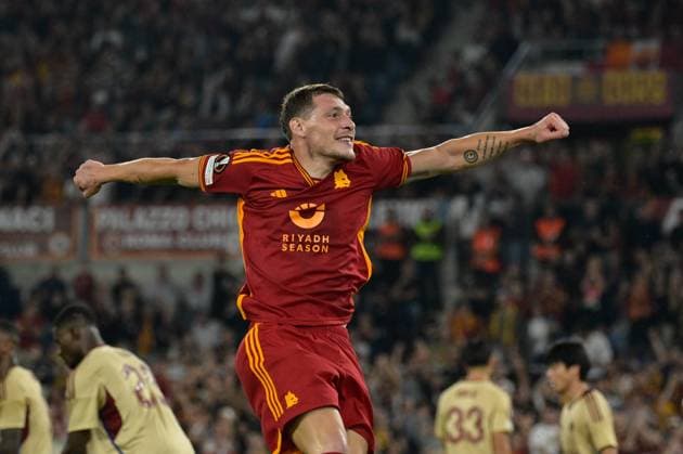 Andrea Belotti (AS Roma); celebrates after scoring the goal 4-0 during the UEFA Europa League 2023-2024 football match between AS Roma and Servette FC at the Olympic Stadium in Rome on 05 October 2023.  Copyright: xFabrizioxCorradetti IPAxSportx x xx IPA_40798948 IPA_IPA40798948