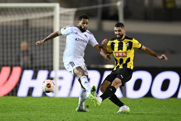 Häcken s Aiham Ousou and QarabaÄü s Juninho during thursday s football match in the Europa League between BK Häcken and QarabaÄü FK at Ullevi in Gothenburg, Sweden. October 5, 2023. Göteborg Sweden x9200x