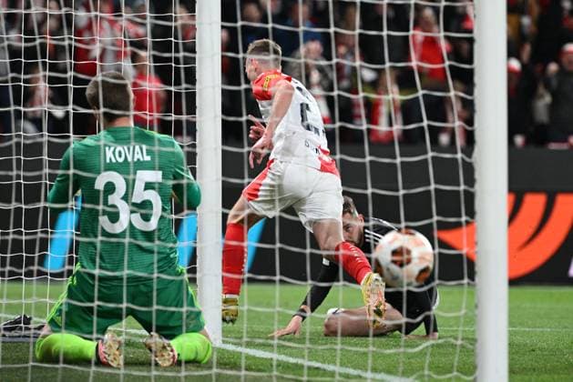 Soccer player of Slavia Praha David Doudera (centre) scores during the Football Europe League 2nd round match, group G match Slavia Praha vs Sheriff Tiraspol in Prague, Czech Republic, October 5, 2023. (CTKxPhoto MichalxKamaryt) CTKPhotoP2023100510052  CTKPhotoP2023100510052