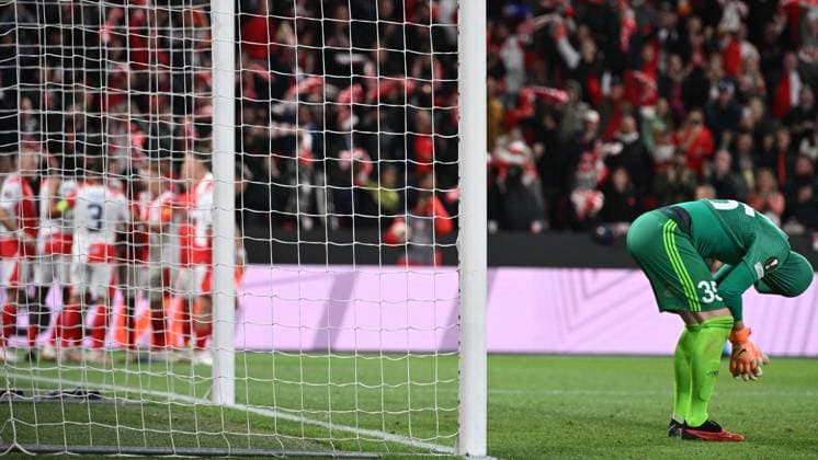 Goalie of Sheriff Tiraspol Maksym Koval receives 6th goal during the Football Europe League 2nd round match, group G match Slavia Praha vs Sheriff Tiraspol in Prague, Czech Republic, October 5, 2023. (CTKxPhoto MichalxKamaryt) CTKPhotoP2023100510173  CTKPhotoP2023100510173
