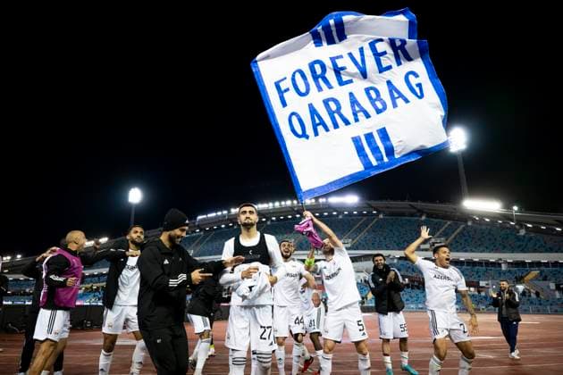 231005 Players of Qarabag celebrate after the UEFA Europa League football match between Häcken and Qarabag on October 5, 2023 in Gothenburg. Photo: Fredrik Aremyr BILDBYRAN COP 314 MB0740 fotboll football soccer fotball uefa europa league häcken qarabag bbeng jubel Copyright: FREDRIKxAREMYR BB231005FA026