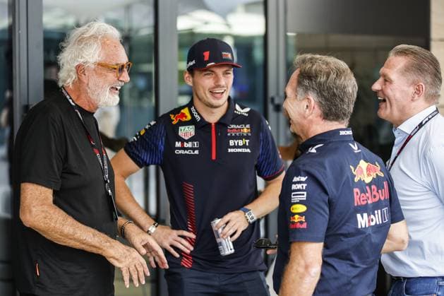 VERSTAPPEN Max (ned), Red Bull Racing RB19, portrait BRIATORE Flavio, portrait JOS VERSTAPPEN, former F1 driver portrait HORNER Christian (gbr), Team Principal of Red Bull Racing, portrait during the 2023 Formula 1 Qatar Grand Prix, 17th round of the 2023 Formula One World Championship, WM, Weltmeisterschaft from October 6 to 8, 2023 on the Lusail International Circuit, in Doha, Qatar - F1 - QATAR GRAND PRIX 2023 DPPI Panoramic  00123038__R3_7354