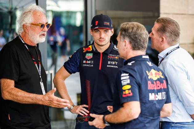 VERSTAPPEN Max (ned), Red Bull Racing RB19, portrait BRIATORE Flavio, portrait JOS VERSTAPPEN, former F1 driver portrait HORNER Christian (gbr), Team Principal of Red Bull Racing, portrait during the 2023 Formula 1 Qatar Grand Prix, 17th round of the 2023 Formula One World Championship, WM, Weltmeisterschaft from October 6 to 8, 2023 on the Lusail International Circuit, in Doha, Qatar - F1 - QATAR GRAND PRIX 2023 DPPI Panoramic  00123038__R3_7376