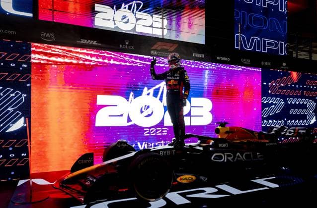 QATAR - Max Verstappen (Red Bull Racing) celebrates his third Formula 1 World Championship, WM, Weltmeisterschaft after the sprint race prior to the Formula 1 Grand Prix at the Lusail International Circuit in Qatar. ANP SEM VAN DER WAL Sprint 2023 2024 xVIxANPxSportx xxANPxIVx 480496544 originalFilename: 480496544.jpg