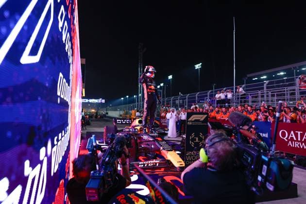 1 Max Verstappen (NLD, Oracle Red Bull Racing) celebrates becoming the 2023 Drivers World Champion, F1 Grand Prix of Qatar at Lusail International Circuit on October 7, 2023 in Doha, Qatar. (Photo by HOCH ZWEI) Doha Qatar
