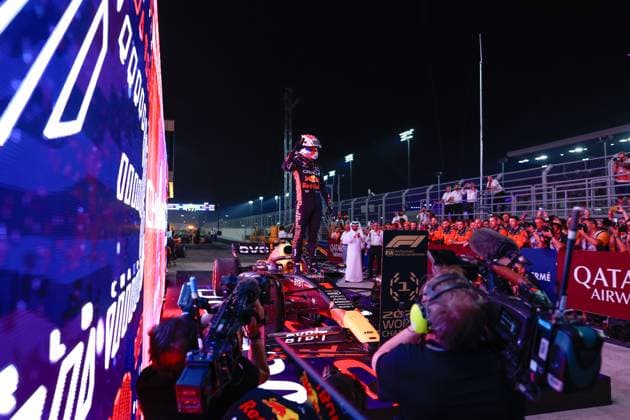 1 Max Verstappen (NLD, Oracle Red Bull Racing) celebrates becoming the 2023 Drivers World Champion, F1 Grand Prix of Qatar at Lusail International Circuit on October 7, 2023 in Doha, Qatar. (Photo by HOCH ZWEI) Doha Qatar