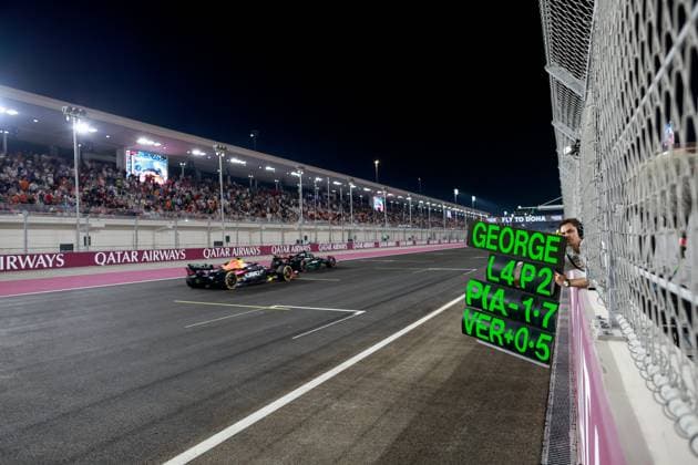 Pitboard for 63 George Russell (GBR, Mercedes-AMG Petronas F1 Team), F1 Grand Prix of Qatar at Lusail International Circuit on October 7, 2023 in Doha, Qatar. (Photo by HOCH ZWEI) Doha Qatar