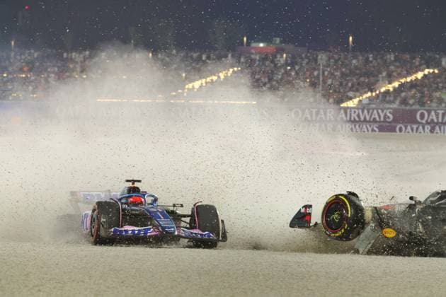 Crash between 11 Sergio Perez (MEX, Oracle Red Bull Racing), 27 Nico Hulkenberg (DEU, MoneyGram Haas F1 Team) and 31 Esteban Ocon (FRA, BWT Alpine F1 Team), F1 Grand Prix of Qatar at Lusail International Circuit on October 7, 2023 in Doha, Qatar. (Photo by HOCH ZWEI) Doha Qatar