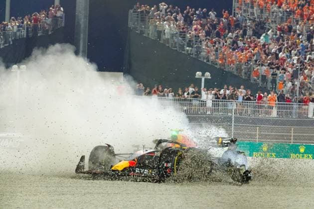 Crash between 11 Sergio Perez (MEX, Oracle Red Bull Racing), 27 Nico Hulkenberg (DEU, MoneyGram Haas F1 Team) and 31 Esteban Ocon (FRA, BWT Alpine F1 Team), F1 Grand Prix of Qatar at Lusail International Circuit on October 7, 2023 in Doha, Qatar. (Photo by HOCH ZWEI) Doha Qatar