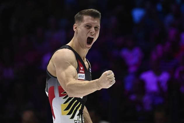 Bilder des Jahres 2023, Sport 10 Oktober Sport Themen der Woche KW40 Sport Bilder des Tages German Lukas Dauser celebrates after his turn at the apparatus finals at the Artistic Gymnastics World Championships, in Antwerp, Sunday 08 October 2023. The Worlds take place in Antwerp from 30 September to 08 October. DIRKxWAEM  x76868493x