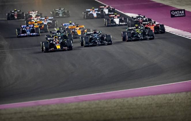 QATAR - Max Verstappen (Red Bull Racing) in action for George Russell (Mercedes) and Lewis Hamilton (Mercedes) during the Formula 1 Grand Prix race at the Lusail International Circuit in Qatar. Max Verstappen became world champion a day earlier during the sprint race. ANP SEM VAN DER WAL Race 2023 2024 xVIxANPxSportx xxANPxIVx 480602268 originalFilename: 480602268.jpg