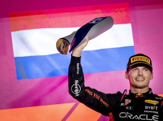 QATAR - Max Verstappen (Red Bull Racing) celebrates victory after the Formula 1 Grand Prix race at the Lusail International Circuit in Qatar. Max Verstappen became world champion a day earlier during the sprint race. ANP SEM VAN DER WAL Race 2023 2024 xVIxANPxSportx xxANPxIVx 480611025 originalFilename: 480611025.jpg