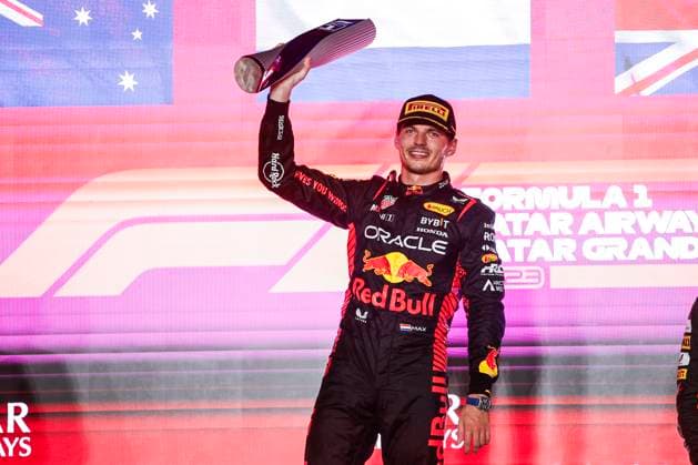VERSTAPPEN Max (ned), Red Bull Racing RB19, portrait podium during the 2023 Formula 1 Qatar Grand Prix, 17th round of the 2023 Formula One World Championship, WM, Weltmeisterschaft from October 6 to 8, 2023 on the Lusail International Circuit, in Doha, Qatar - F1 - QATAR GRAND PRIX 2023 - RACE DPPI Panoramic  00123039__R3_9544