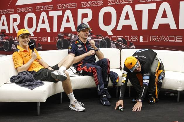 PIASTRI Oscar (aus), McLaren F1 Team MCL60, portrait VERSTAPPEN Max (ned), Red Bull Racing RB19, portrait NORRIS Lando (gbr), McLaren F1 Team MCL60, portrait press conference, PK, Pressekonferenz during the 2023 Formula 1 Qatar Grand Prix, 17th round of the 2023 Formula One World Championship, WM, Weltmeisterschaft from October 6 to 8, 2023 on the Lusail International Circuit, in Doha, Qatar - F1 - QATAR GRAND PRIX 2023 - RACE DPPI Panoramic 00123039__R3_9714