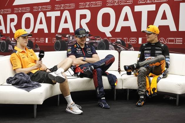 PIASTRI Oscar (aus), McLaren F1 Team MCL60, portrait VERSTAPPEN Max (ned), Red Bull Racing RB19, portrait NORRIS Lando (gbr), McLaren F1 Team MCL60, portrait press conference, PK, Pressekonferenz during the 2023 Formula 1 Qatar Grand Prix, 17th round of the 2023 Formula One World Championship, WM, Weltmeisterschaft from October 6 to 8, 2023 on the Lusail International Circuit, in Doha, Qatar - F1 - QATAR GRAND PRIX 2023 - RACE DPPI Panoramic 00123039__R3_9724