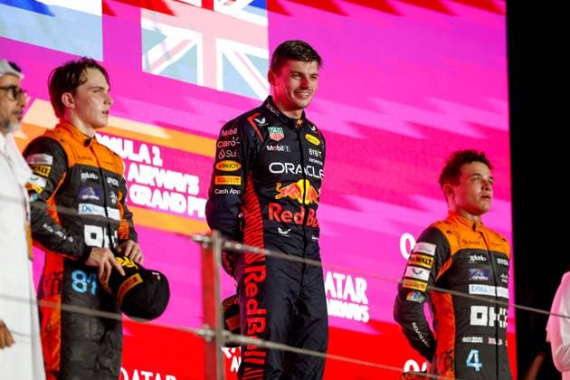 81 Oscar Piastri (AUS, McLaren F1 Team), 1 Max Verstappen (NLD, Oracle Red Bull Racing), 4 Lando Norris (GBR, McLaren F1 Team), F1 Grand Prix of Qatar at Lusail International Circuit on October 8, 2023 in Doha, Qatar. (Photo by HOCH ZWEI) Doha Qatar